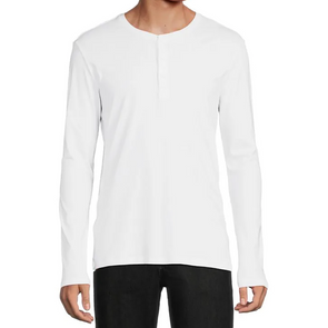 Men's white cotton jersey knit pullover long sleeve 3 button henley shirt - front view