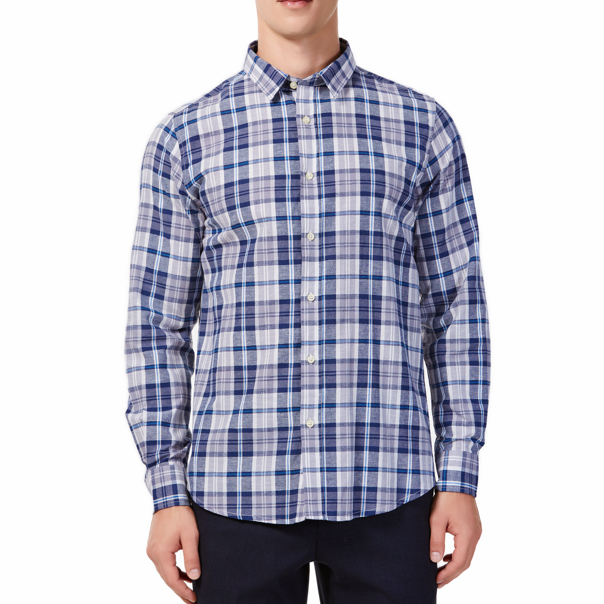 BLUE PLAID TYLER LINEN ORGANIC COTTON BLEND LONG SLEEVE BUTTON UP SHIRT