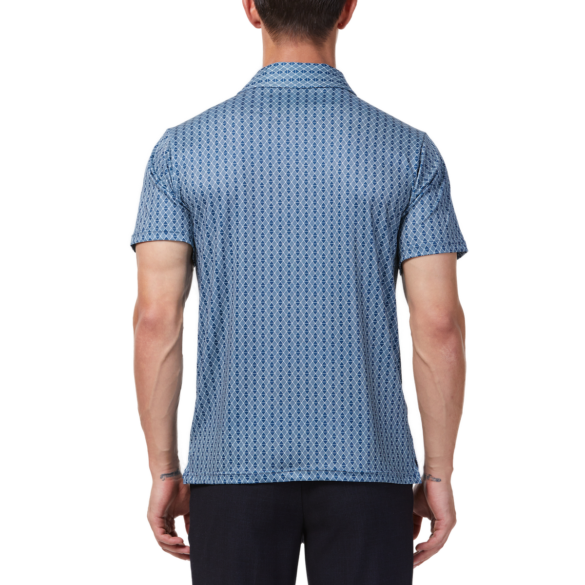 BLUE GEO DIAMOND PRINT KNIT STRETCH SHORT SLEEVE POLO SHIRT