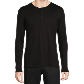 Men's black cotton jersey knit pullover long sleeve 3 button henley shirt - front view