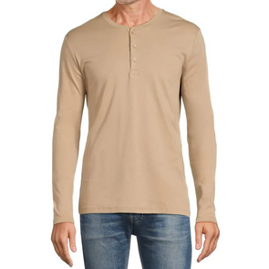 Men's Tan cotton jersey knit pullover long sleeve 3 button henley shirt - front view