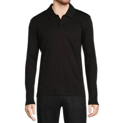 Men's black cotton jersey knit polo long sleeve shirt - front view
