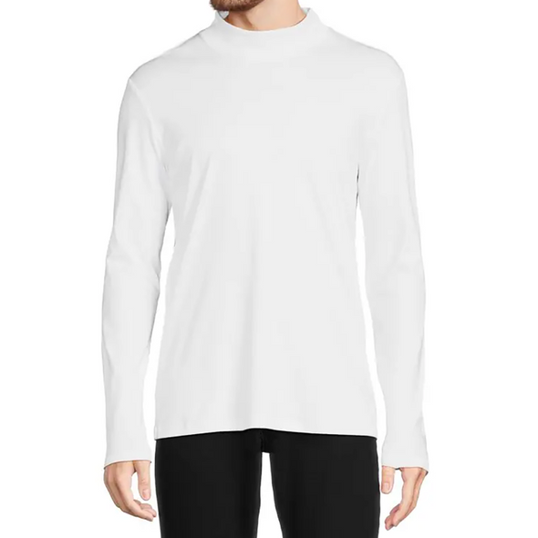 Men's white cotton jersey knit mock neck long sleeve shirt - front view