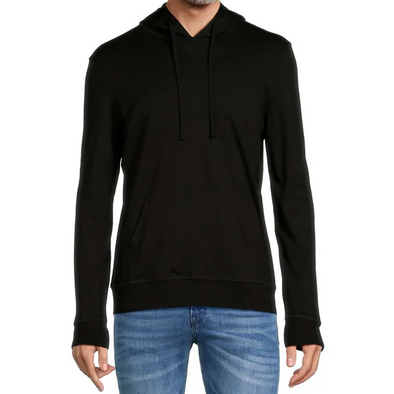 Men's rich black pullover hoodie shirt - front view