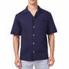 Men's Short sleeve navy camp shirt in a relaxed fit with a chest pocket made from knit fabric on a model - front view