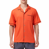 Men's Short sleeve orange camp shirt in a relaxed fit with a chest pocket made from knit fabric on a model - front view