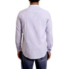 Back view of a men's long sleeve, button up woven organic cotton blue and white vertical business stripe dress shirt. Worn by a black male model
