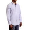 Three quarters side view of men's long sleeve, slim fit, classic blue and white business stripe button up shirt on a black model.