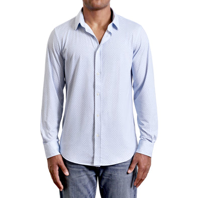 men's Light Blue Button Up Shirt long sleeve on a black model - front view