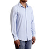 three quarters side view of men's long sleeve, light blue button up knit shirt on a black model