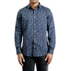 Men's navy blue floral pattern Button Up Shirt long sleeve on a black model - front view