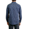 back view of a men's long sleeve, navy blue floral button up woven dress shirt on a black model