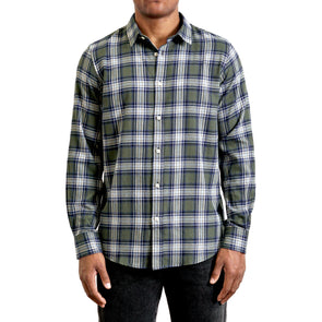 Men's green and off-white plaid cotton button up shirt long sleeve on a black model - front view