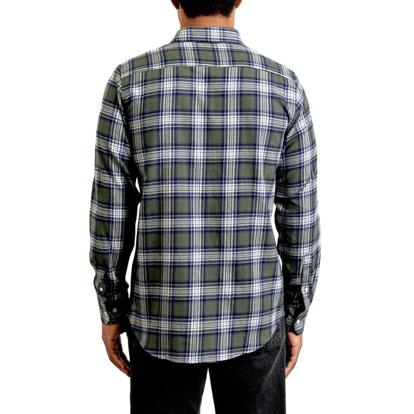back view of a men's long sleeve,  green and off-white plaid button up woven dress shirt in organic cotton on a black model