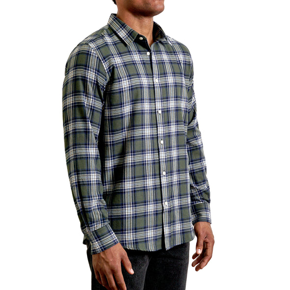 three quarters side view of men's long sleeve, slim fit,  green and off-white plaid button up shirt on a black model