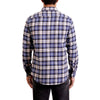 back view of a men's long sleeve, blue and white plaid button up woven dress shirt in cotton on a black model