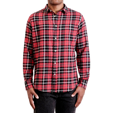 Men's classic plaid flannel button up shirt long sleeve on a black model - front view