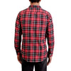back view of a men's long sleeve, red plaid flannel button up woven dress shirt in cotton on a black model