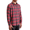 three quarters side view of men's long sleeve, slim fit,  red plaid flannel button up shirt on a black model