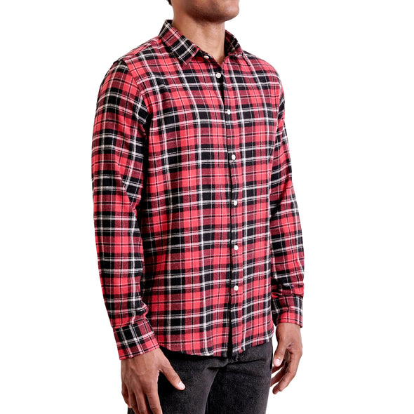 three quarters side view of men's long sleeve, slim fit,  red plaid flannel button up shirt on a black model