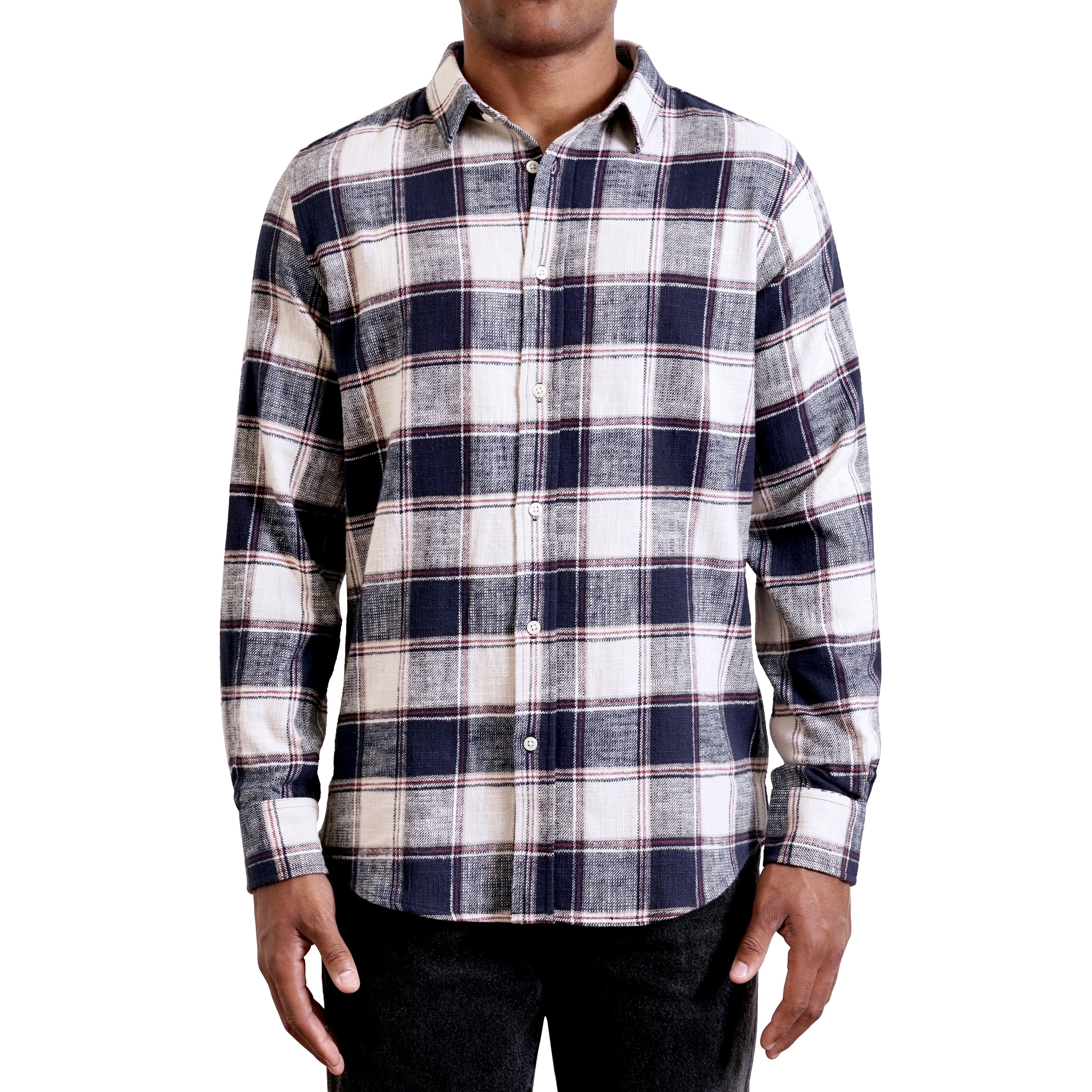 Men's Long Sleeve Blue And Cream Plaid Button Up Shirt In