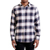 Men's blue and cream plaid organic cotton button up shirt long sleeve on a black model - front view