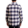 back view of a men's long sleeve, blue and cream plaid button up flannel casual button up shirt in organic cotton on a black model
