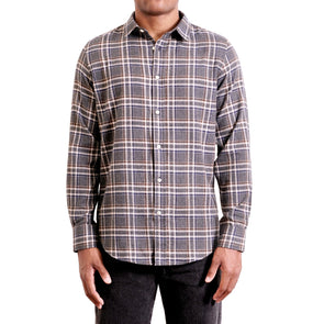 Men's gray plaid organic cotton button up shirt long sleeve on a black model - front view