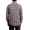back view of a men's long sleeve,gray plaid button up flannel casual button up shirt in organic cotton on a black model