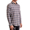 three quarters side view of men's long sleeve, tailored fit, gray plaid flannel button up shirt on a black model.
