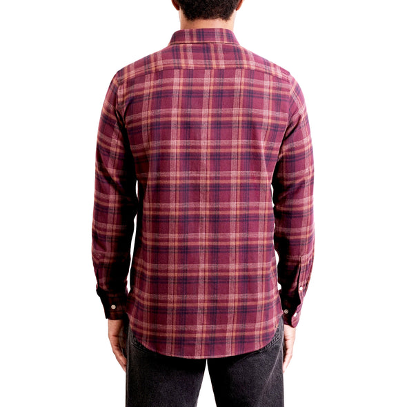 back view of a men's long sleeve, maroon plaid flannel button up woven dress shirt in cotton on a black model