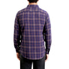 back view of a men's long sleeve, navy plaid flannel button up woven dress shirt in cotton on a black model