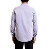 Back view of a men's long sleeve, button up woven organic cotton blue dress shirt. Worn by a black male model