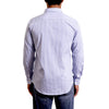 Back view of a men's long sleeve, button up woven cotton dress shirt in a blue and white gingham print on a white shirt. Worn by a black male model