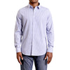 A classic medium blue and white gingham patterned button up shirt long sleeve made from organic cotton fabric on a black male model - front view