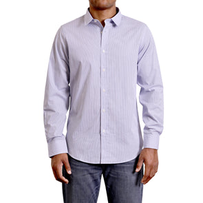 A classic soft blue button up shirt long sleeve made from narrow blue and white pinstripe organic cotton fabric on a black male model - front view