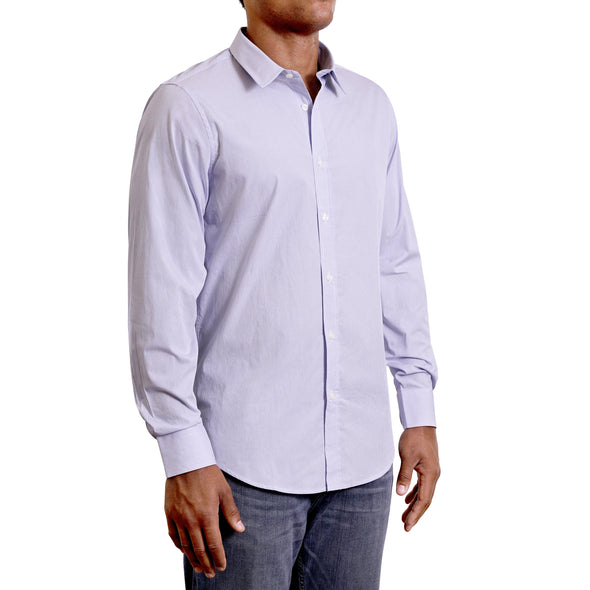 Three quarters side view of men's long sleeve, slim fit, classic blue and white narrow pinstripe button up shirt on a black model.