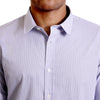 close up view of the pointed collar and neck area of soft blue and white cotton fabric button up shirt showing the narrow pinstripe pattern of the shirt. Worn by a black male model. The top buttons are undone