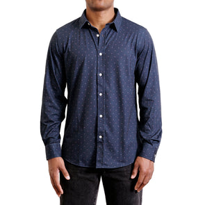 Men's timeless navy color with a small geometric dot print button up shirt long sleeve made from knit fabric on a black model - front view