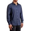 three quarters side view of men's long sleeve, slim fit,  navy ground with a small dot print on a knit fabric button up shirt on a black model