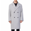 Men's long sleeve grey wool blend overcoat with double breasted front closure, large welt waist pockets and slightly oversized on a model - front view