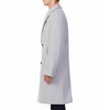 Men's long sleeve grey wool blend overcoat with double breasted front closure, large welt waist pockets and slightly oversized on a model - side view