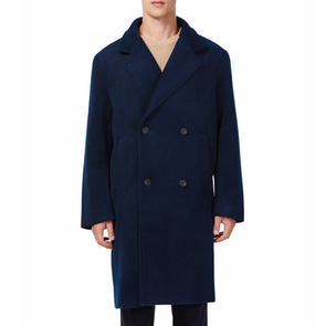 Men's long sleeve navy wool blend overcoat with double breasted front closure, large welt waist pockets and slightly oversized on a model - front view