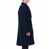 Men's long sleeve navy wool blend overcoat with double breasted front closure, large welt waist pockets and slightly oversized on a model - side view