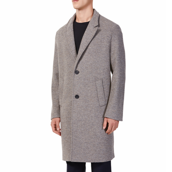 Men's long sleeve beige wool blend overcoat with 2 buttons at the front closer, large welt waist pockets and slightly oversized on a model - quarter view