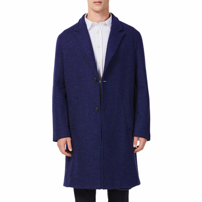 Men's long sleeve navy wool blend overcoat with 2 buttons at the front closer, large welt waist pockets and slightly oversized on a model - front view