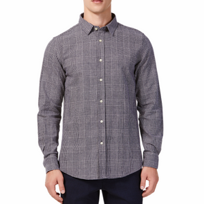 Men's black and white plaid patterned , long sleeve button up shirt with a pointed collar on a model. Image is cropped to the torso and model is facing straight forward