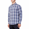 Men's blue and white plaid patterned, long sleeve button up shirt with a pointed collar on a model. Image is cropped to the torso and model is angled to the models right