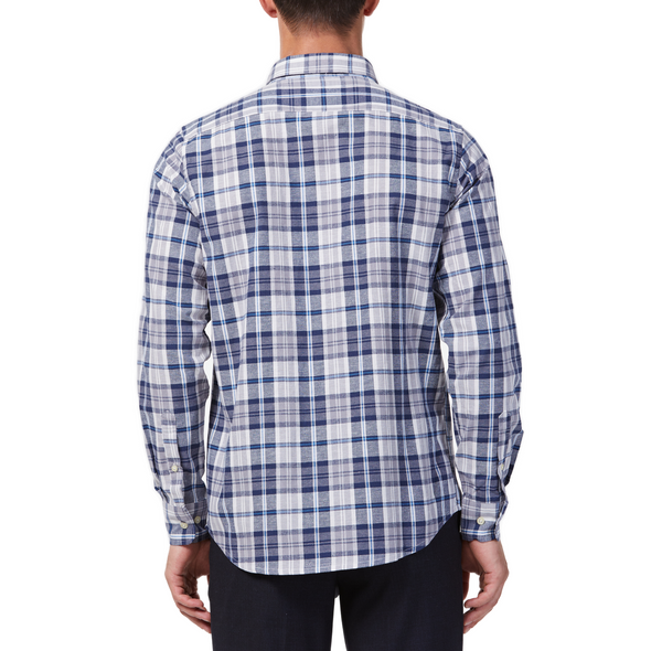 Men's blue and white plaid patterned,  long sleeve button up shirt with a pointed collar on a model. Image is cropped to the torso and a back view of the shirt