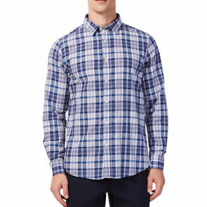 Men's blue and white plaid patterned, long sleeve button up shirt with a pointed collar on a model. Image is cropped to the torso and model is facing straight forward
